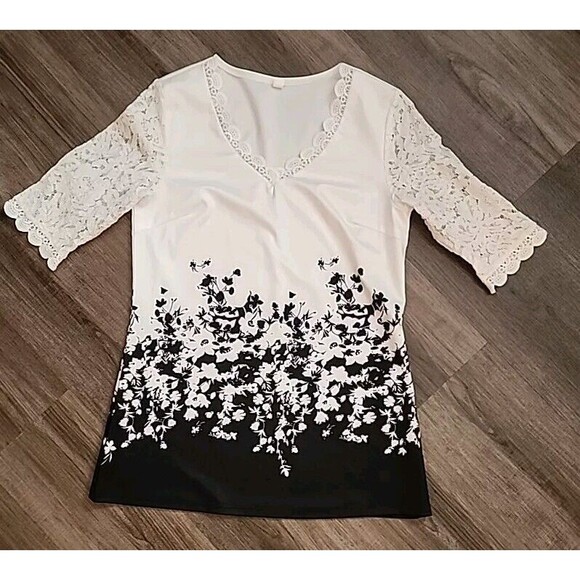 Black And White Women's Floral Lace 3/4.Sleeves Top Small Silky Tunic Blouse - Picture 3 of 7
